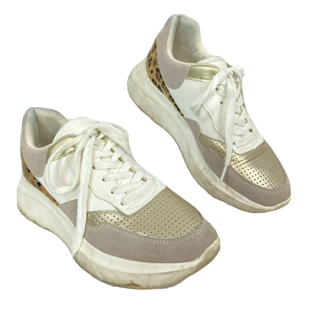 Romeo Gigli Sneakers Womens Sz 8.5 Beige Gold Leather Leopard Insert‎ Laced